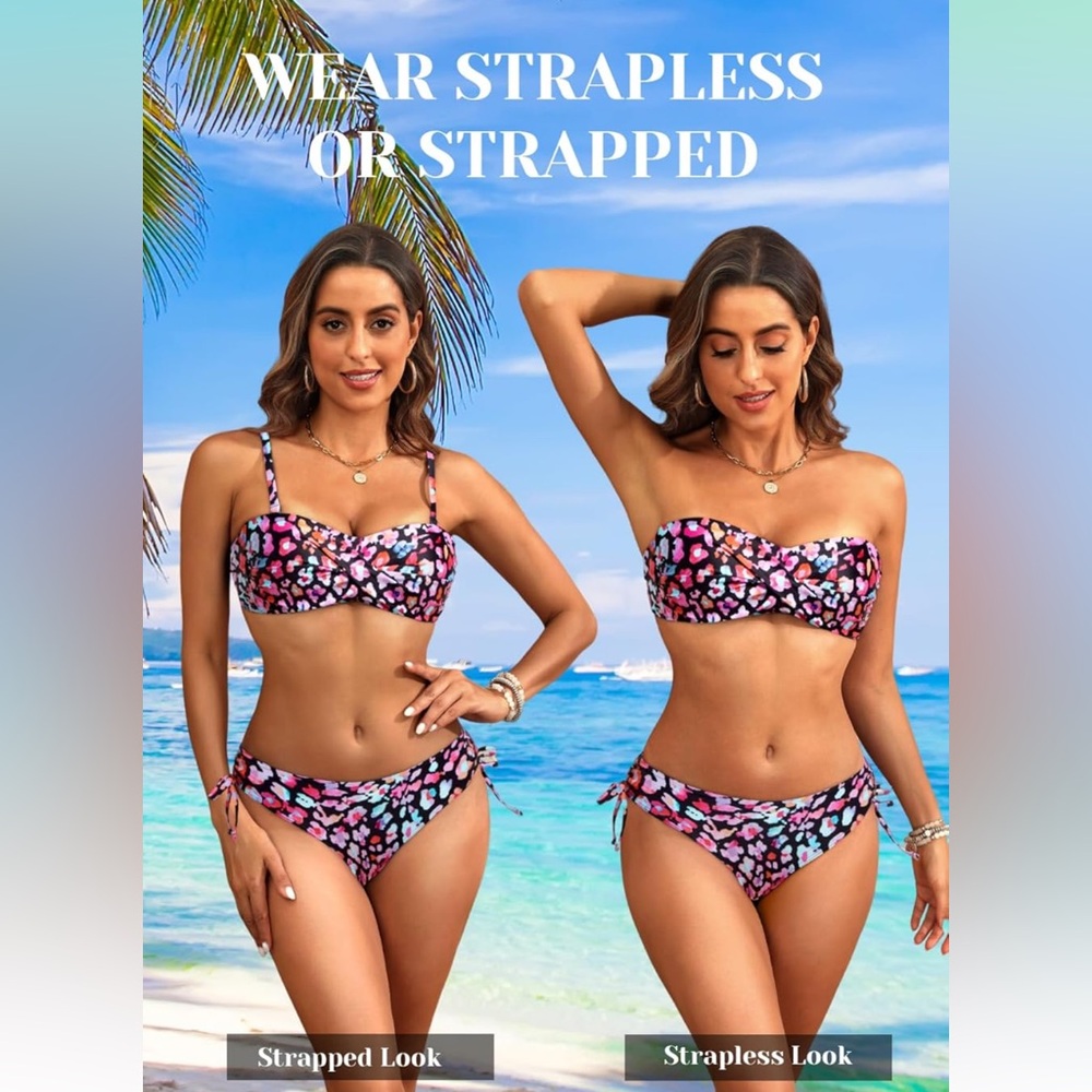 Strapless Bandeau Bikini Set - Twist Front Top with Side Tie Bathing Suit Bottom